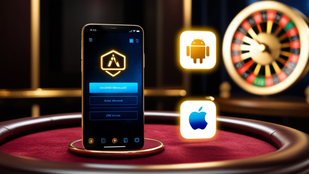 Smartphone met downloadopties voor Android en iPhone in een casino-achtige setting