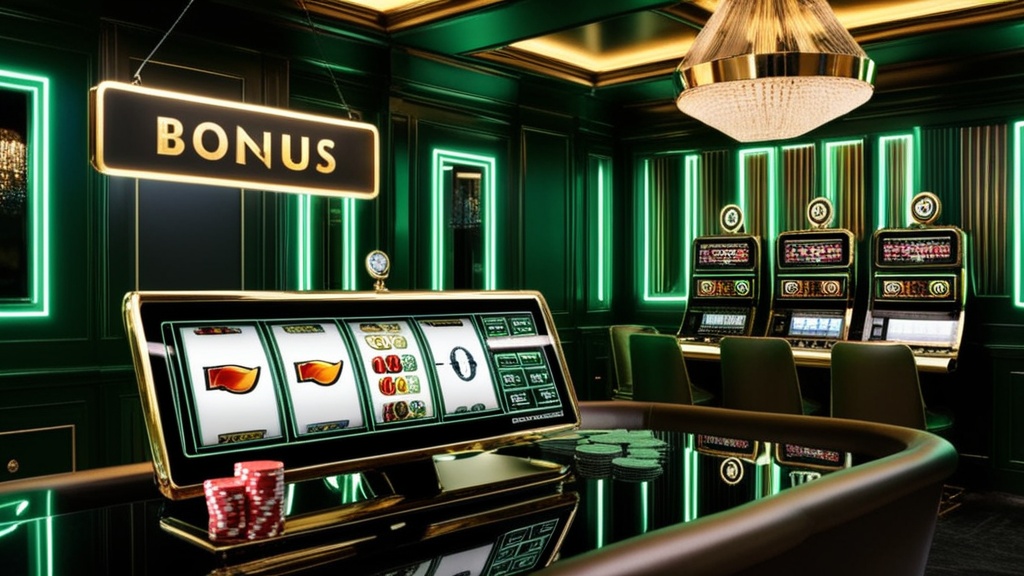 Donkere casinozaal met bonusbanner en slotmachine in neonlicht